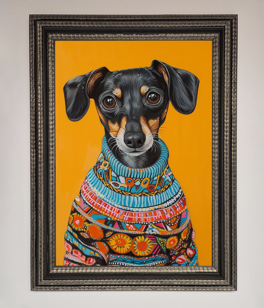 Sausage Dog In A Sweater Framed Print - Zestio