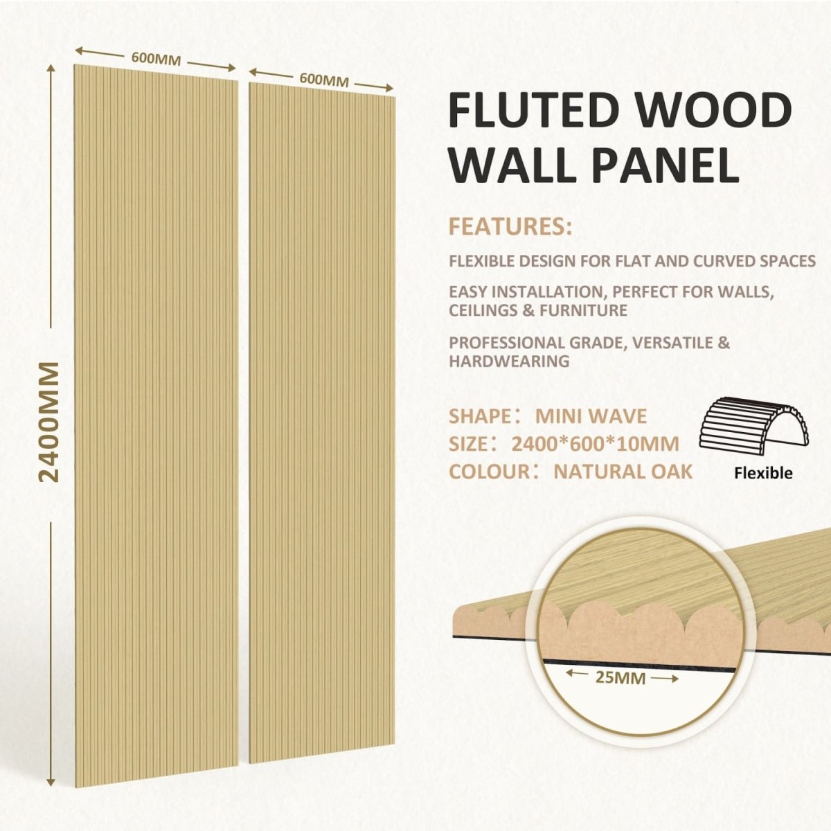 Small Fluted Wall Panels in Natural Oak - 240cm x 60cm - Zestio
