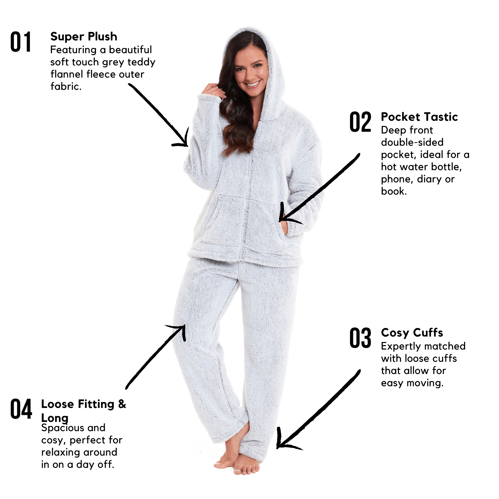 OLIVIA ROCCO Soft Grey Plush Fleece Zipped Hooded Pyjama Set With Zipped Front Ultra Warm Teddy Fabric Winter Sleepwear Multiple Sizes