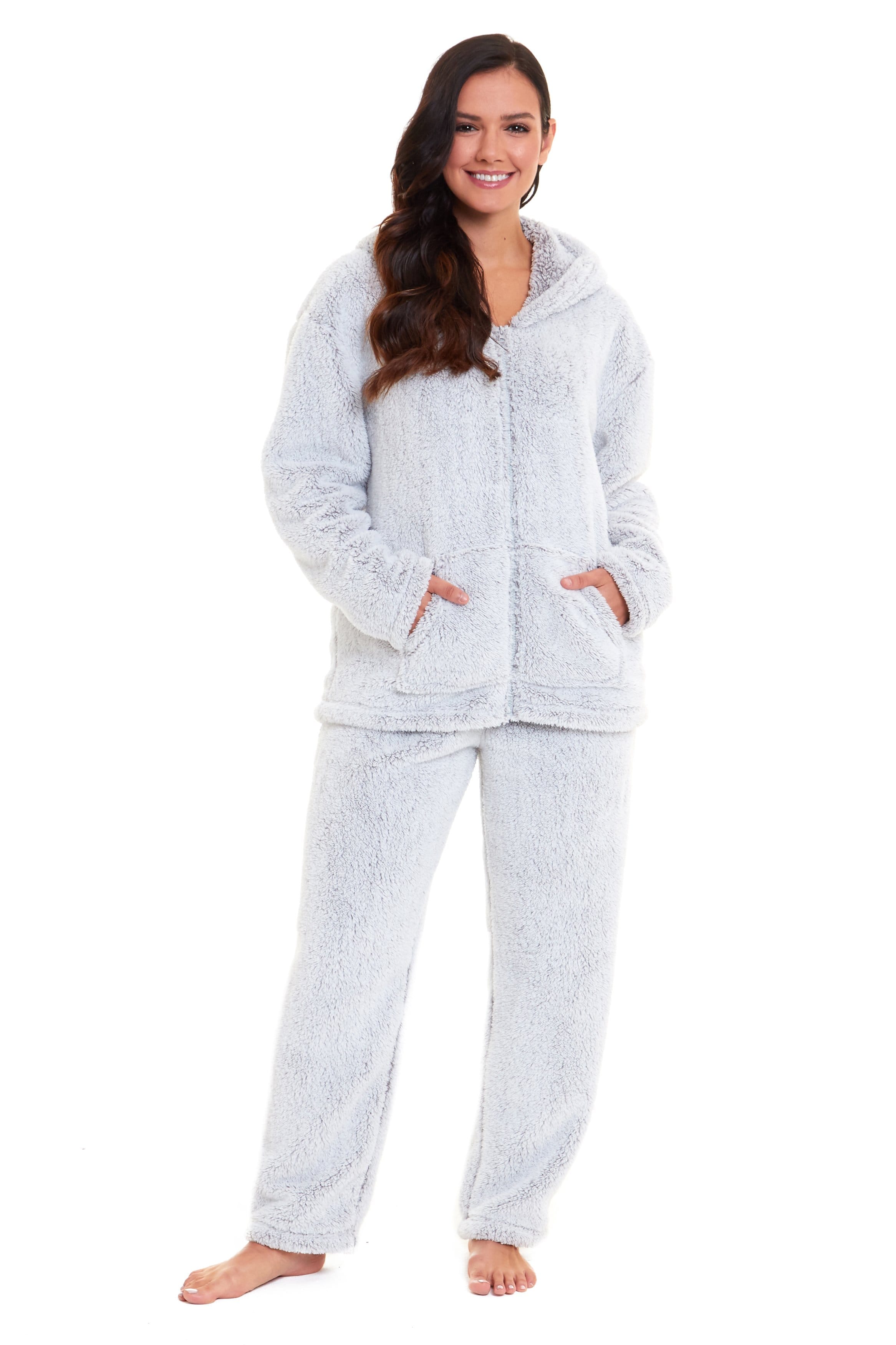 OLIVIA ROCCO Soft Grey Plush Fleece Zipped Hooded Pyjama Set With Zipped Front Ultra Warm Teddy Fabric Winter Sleepwear Multiple Sizes