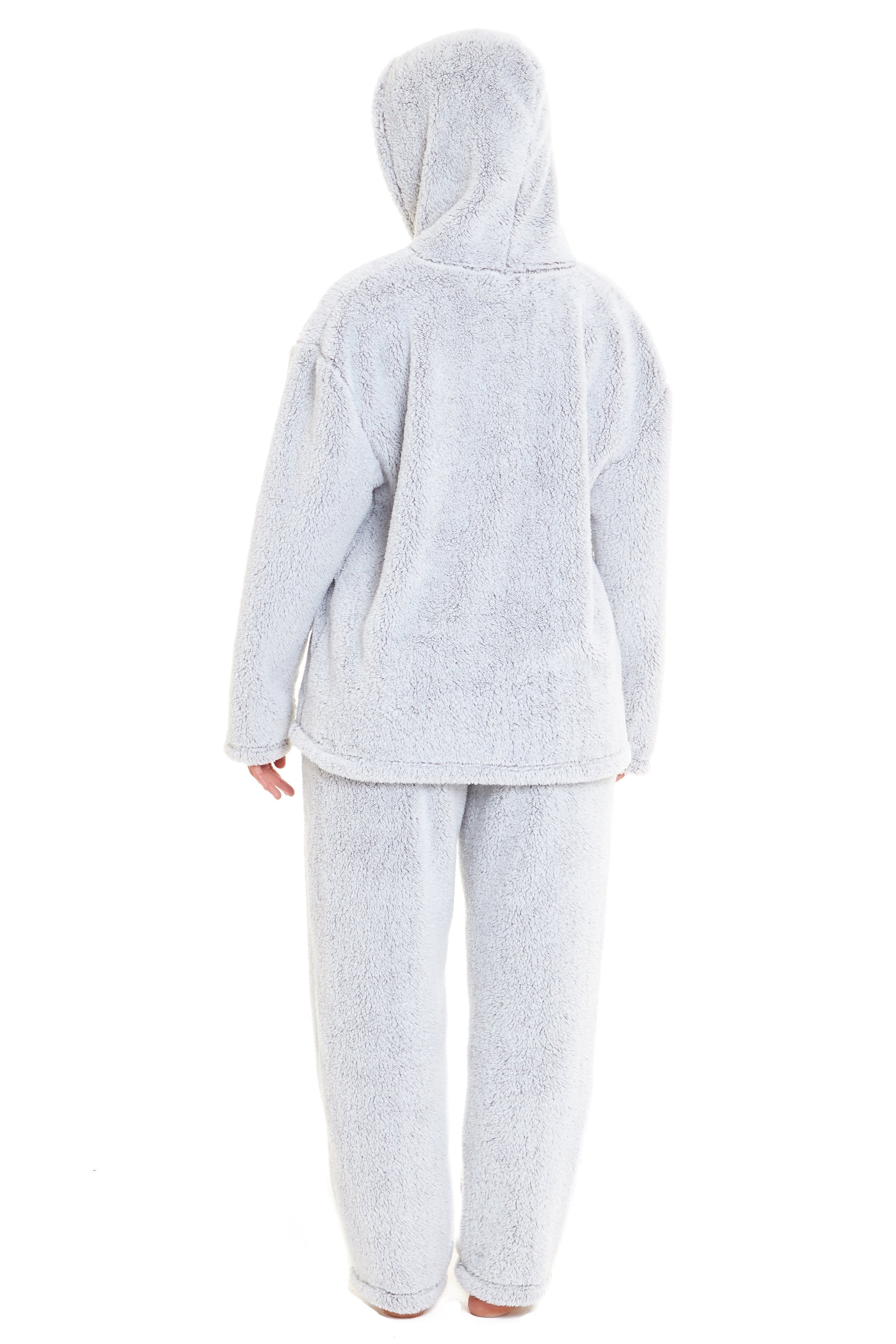 OLIVIA ROCCO Soft Grey Plush Fleece Zipped Hooded Pyjama Set With Zipped Front Ultra Warm Teddy Fabric Winter Sleepwear Multiple Sizes