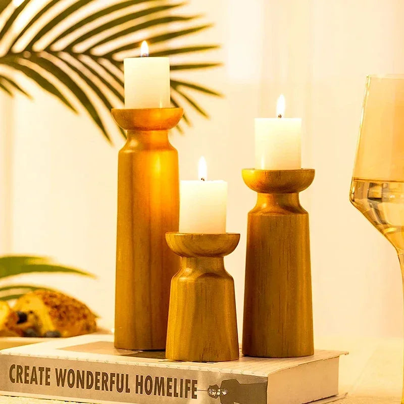 Solid Wood Candle Holder Set – Retro Farmhouse Pillar Candle Stand