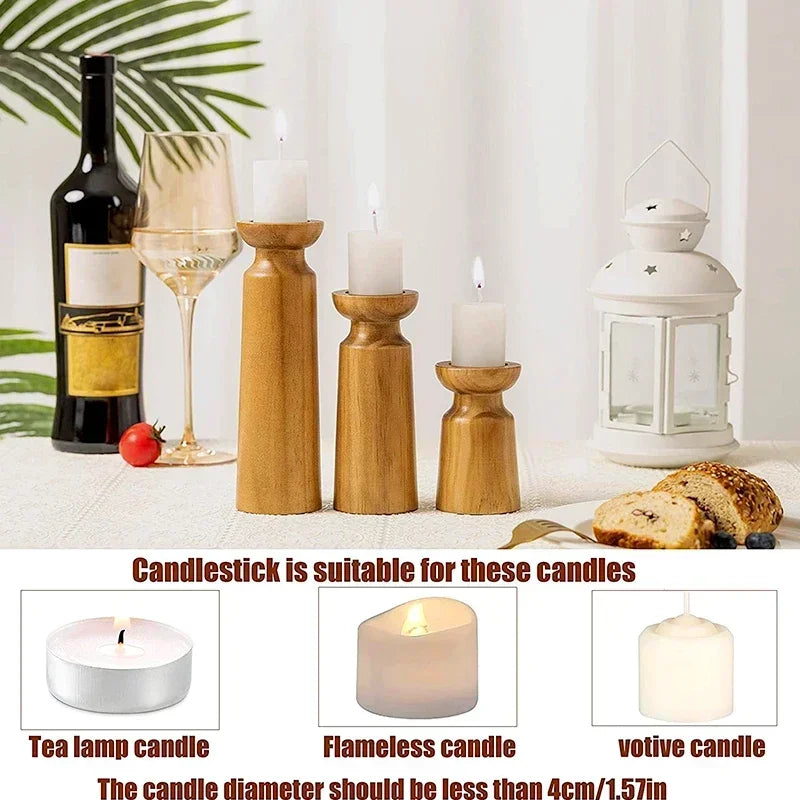 Solid Wood Candle Holder Set – Retro Farmhouse Pillar Candle Stand