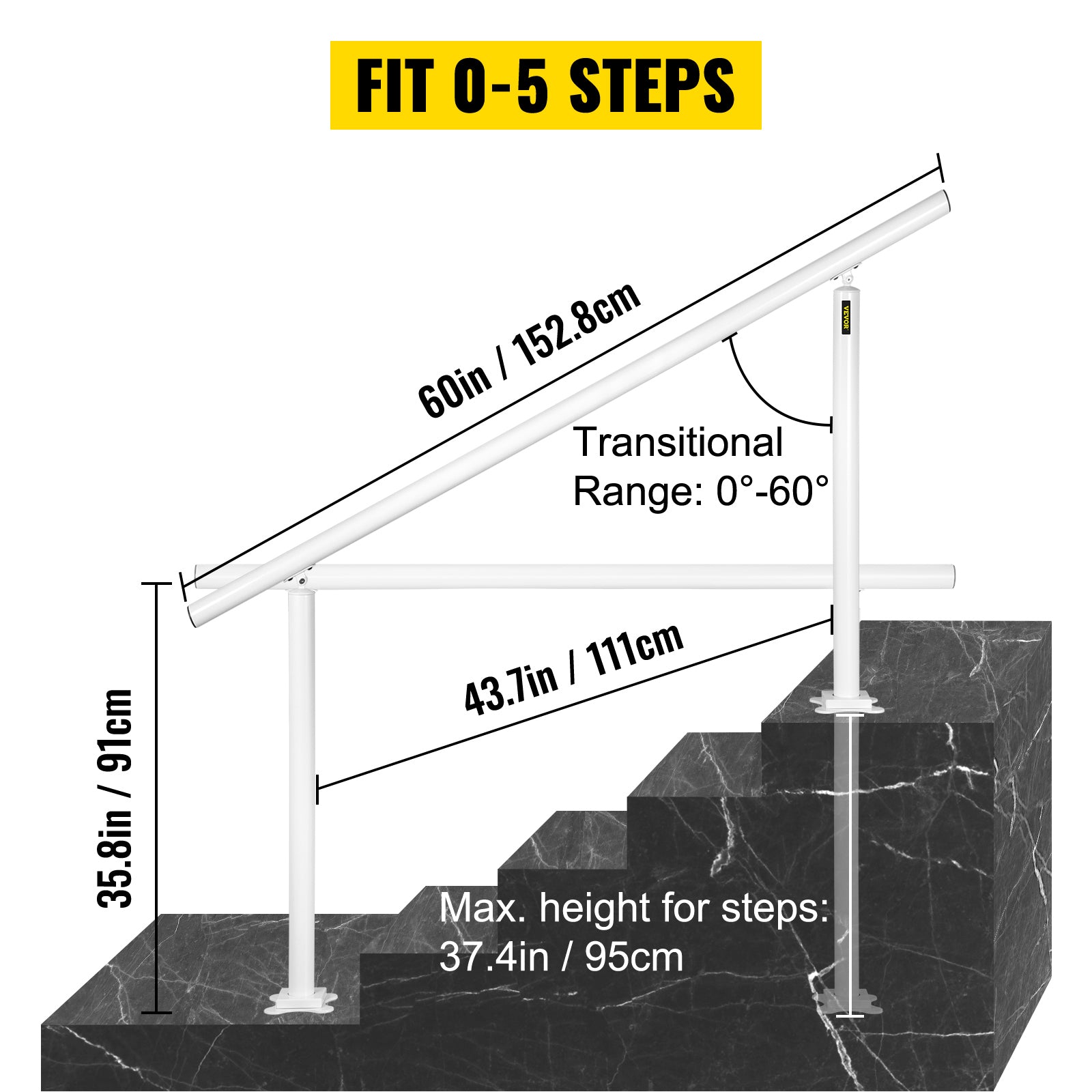 VEVOR Handrail for Outdoor Steps Aluminum Stair Handrail Fit 0-5 Steps w/ Installation Kit Building & Hardware Home Improvement
