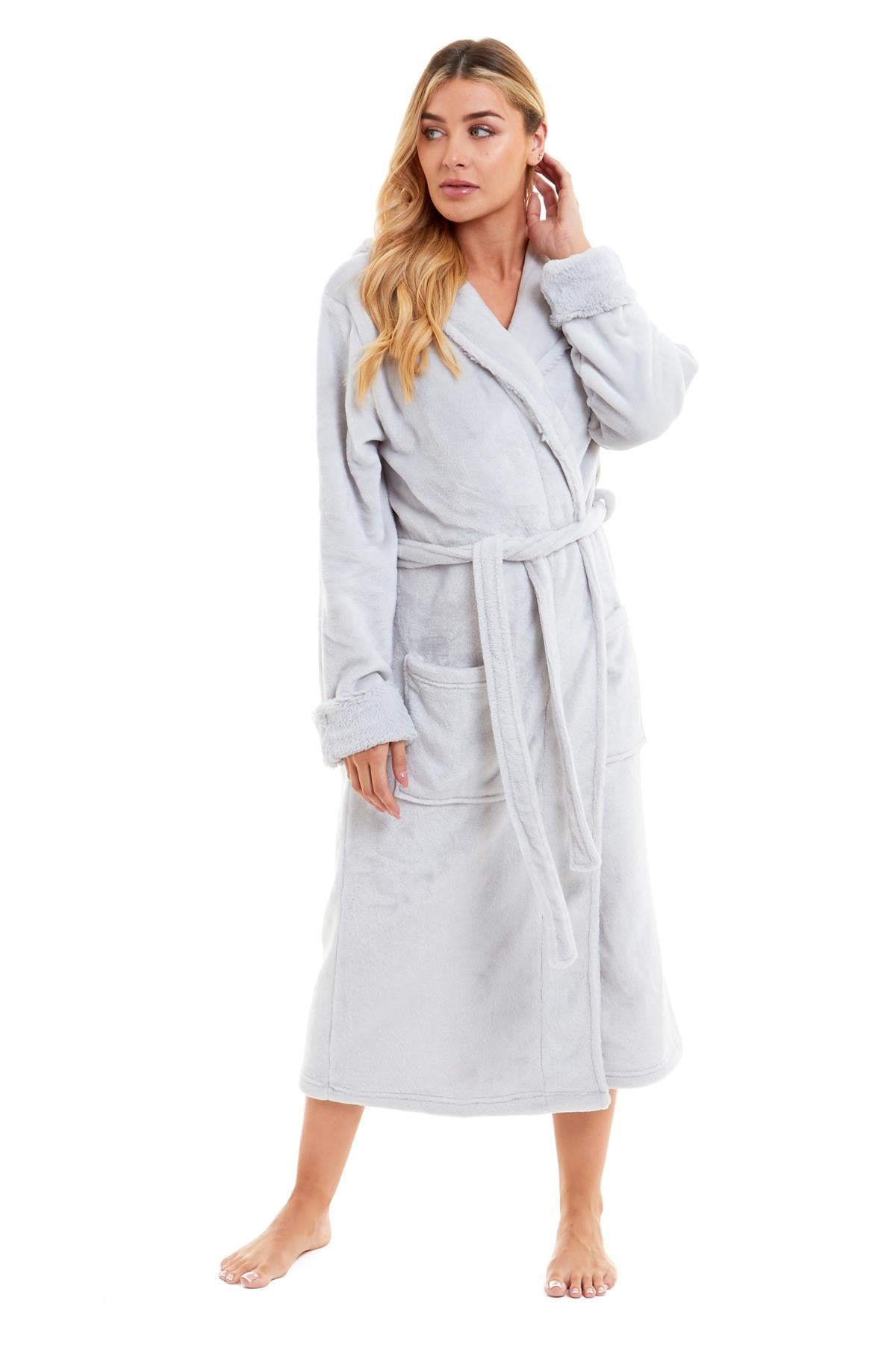 OLIVIA ROCCO Womens Faux Fur Hooded Bathrobe Plush Fleece Ultra-Absorbent Dressing Gown Daisy Dreamer Pink or Grey Size S-XL
