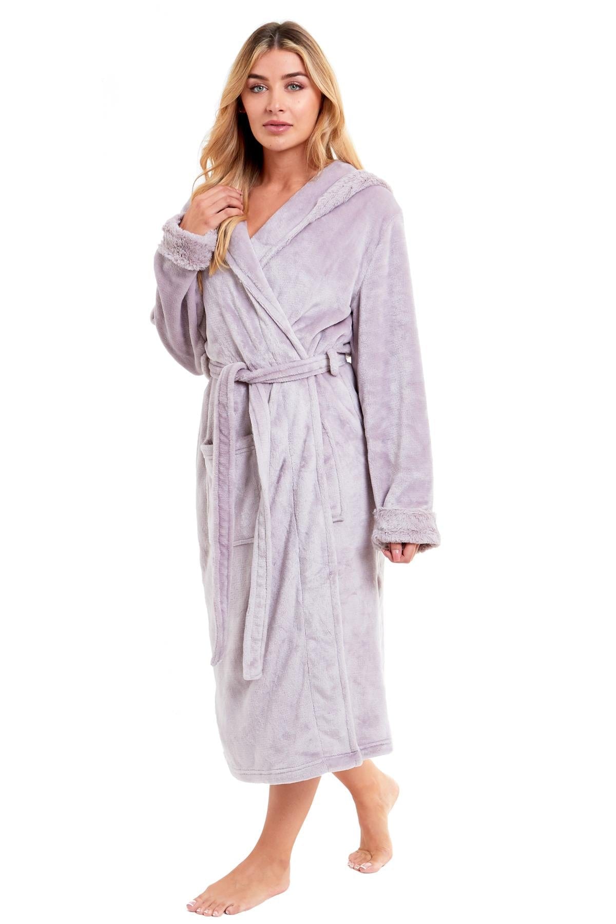 OLIVIA ROCCO Womens Faux Fur Hooded Bathrobe Plush Fleece Ultra-Absorbent Dressing Gown Daisy Dreamer Pink or Grey Size S-XL