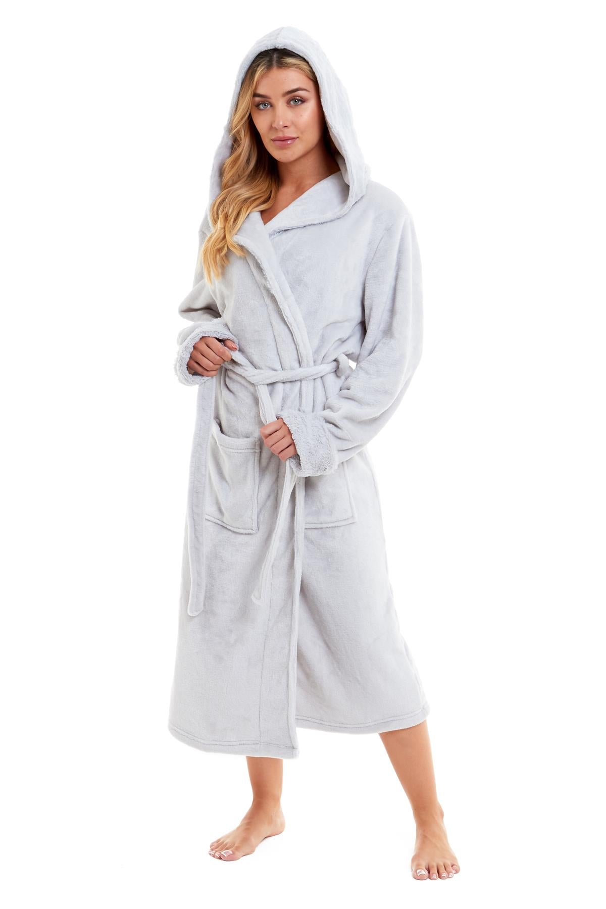 OLIVIA ROCCO Womens Faux Fur Hooded Bathrobe Plush Fleece Ultra-Absorbent Dressing Gown Daisy Dreamer Pink or Grey Size S-XL