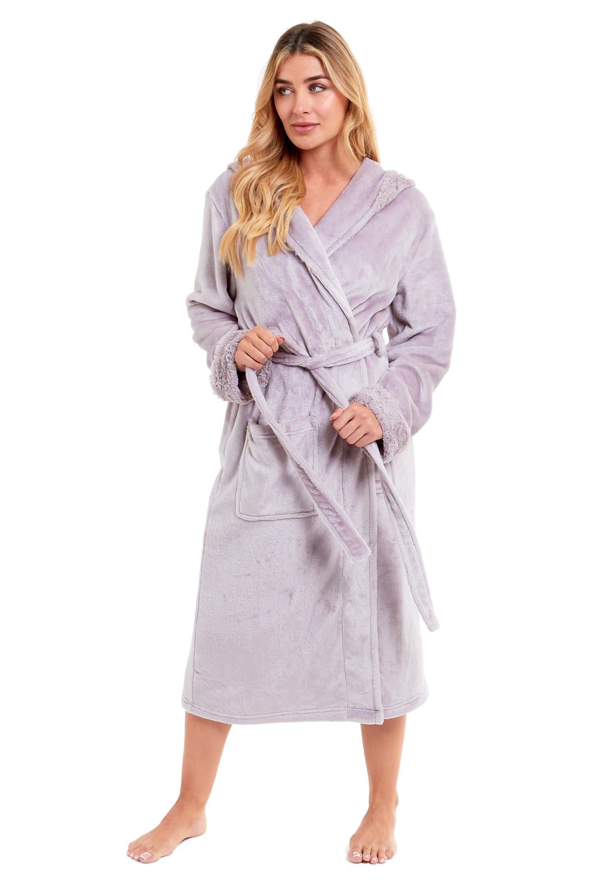 OLIVIA ROCCO Womens Faux Fur Hooded Bathrobe Plush Fleece Ultra-Absorbent Dressing Gown Daisy Dreamer Pink or Grey Size S-XL