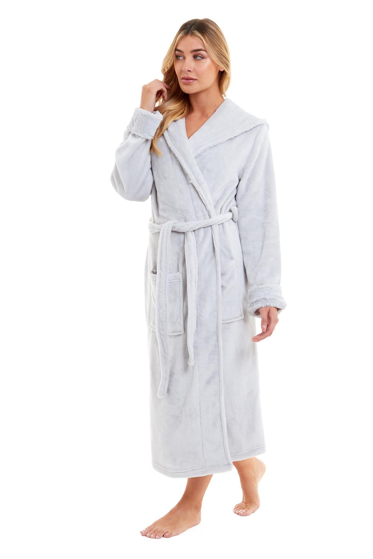 OLIVIA ROCCO Womens Faux Fur Hooded Bathrobe Plush Fleece Ultra-Absorbent Dressing Gown Daisy Dreamer Pink or Grey Size S-XL