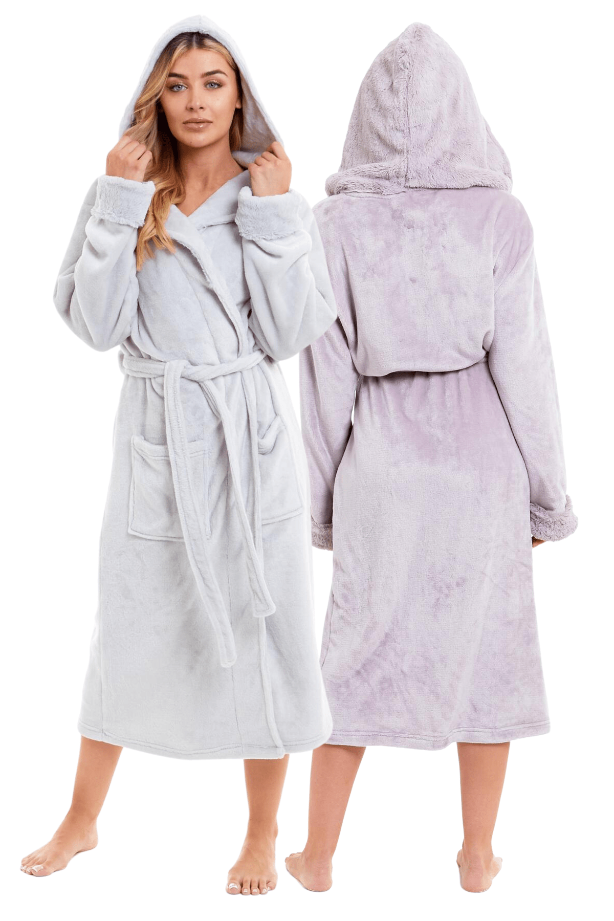 OLIVIA ROCCO Womens Faux Fur Hooded Bathrobe Plush Fleece Ultra-Absorbent Dressing Gown Daisy Dreamer Pink or Grey Size S-XL