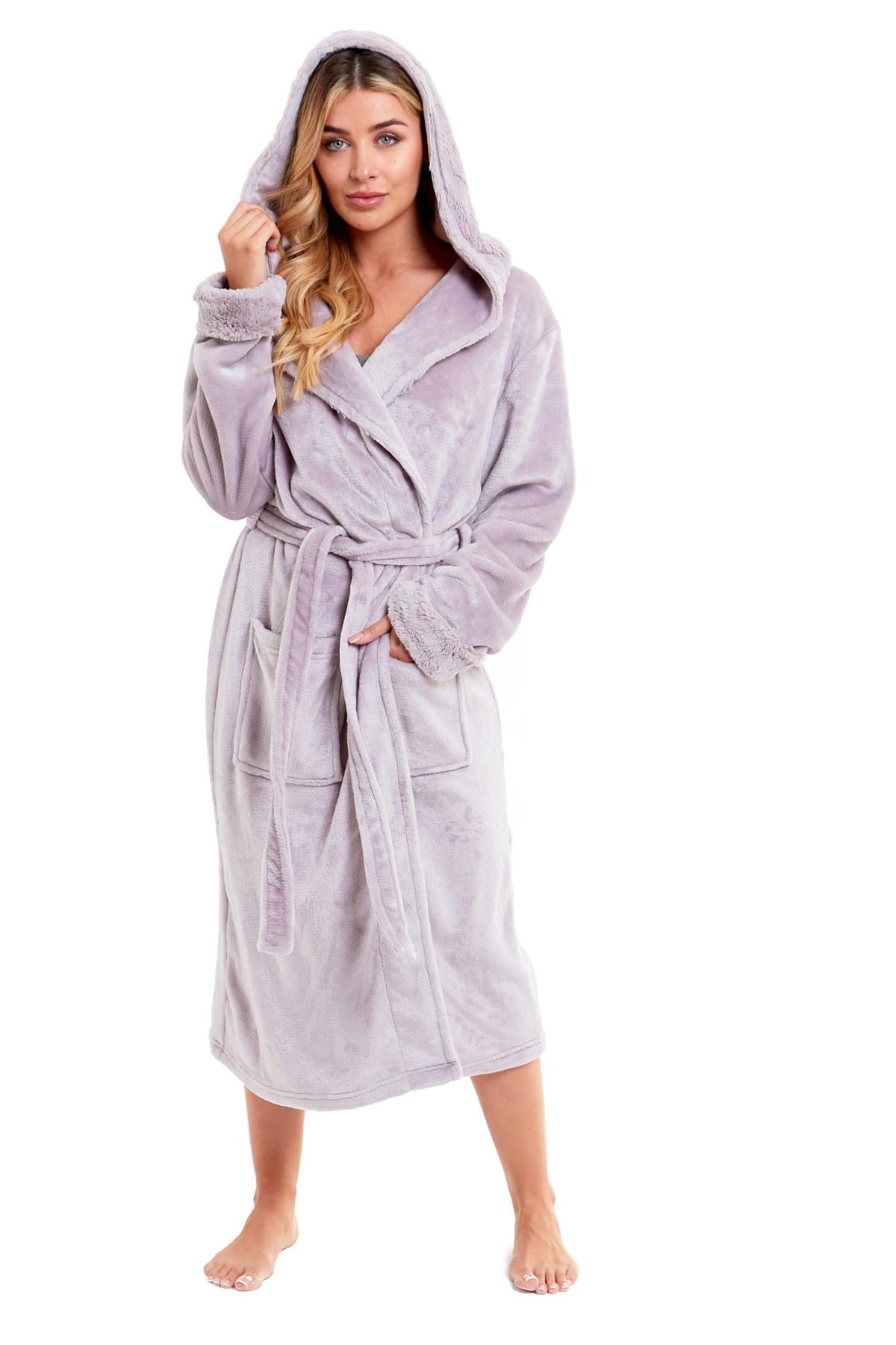 OLIVIA ROCCO Womens Faux Fur Hooded Bathrobe Plush Fleece Ultra-Absorbent Dressing Gown Daisy Dreamer Pink or Grey Size S-XL