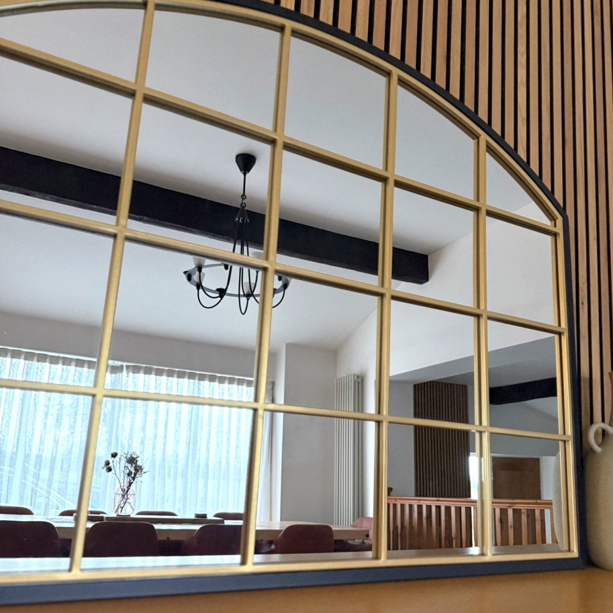 Tomi - Black & Gold Metal Arched Lattice Window Mirror - 95cm x 120cm - Zestio