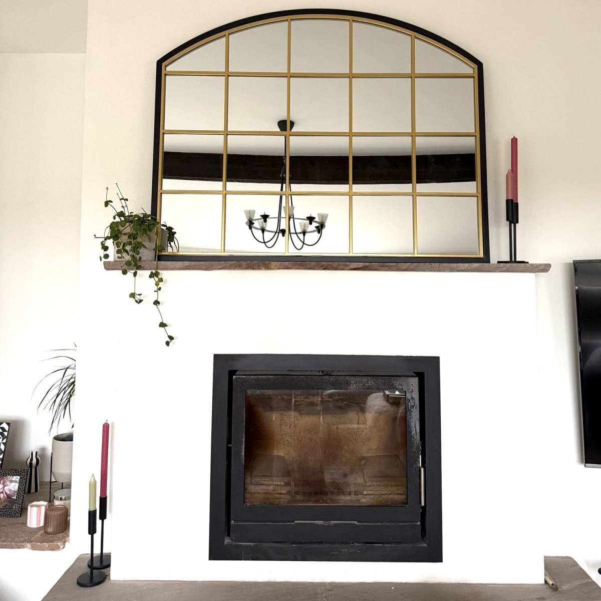 Tomi - Black & Gold Metal Arched Lattice Window Mirror - 95cm x 120cm - Zestio