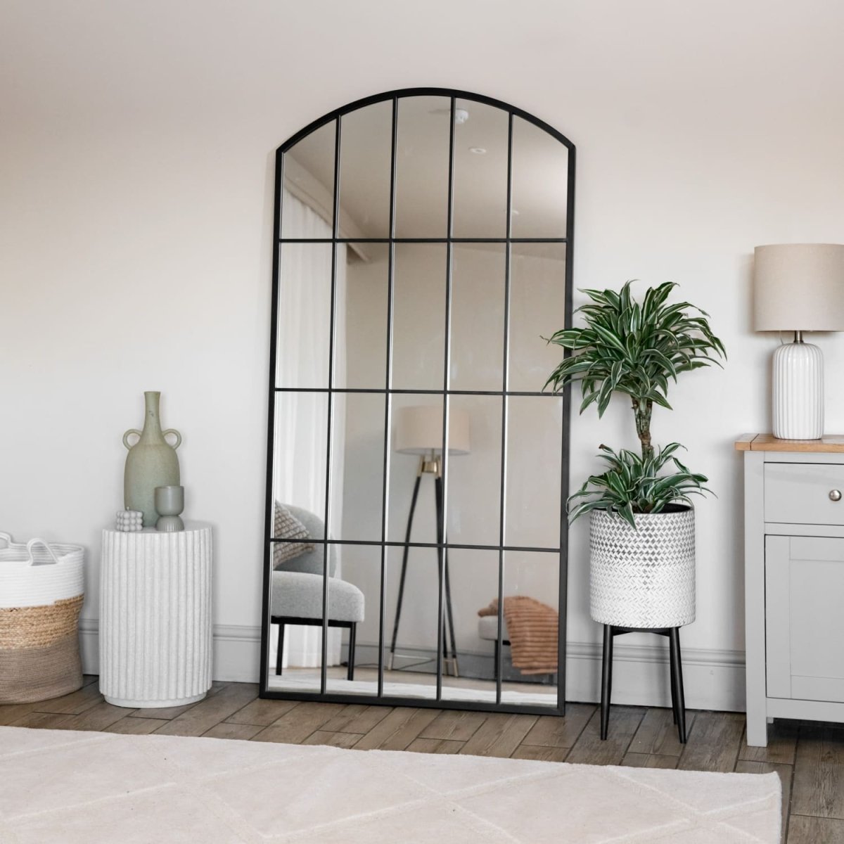 Tomi - Full Length Black Metal Arched Lattice Window Mirror - 180cm x 90cm - Zestio