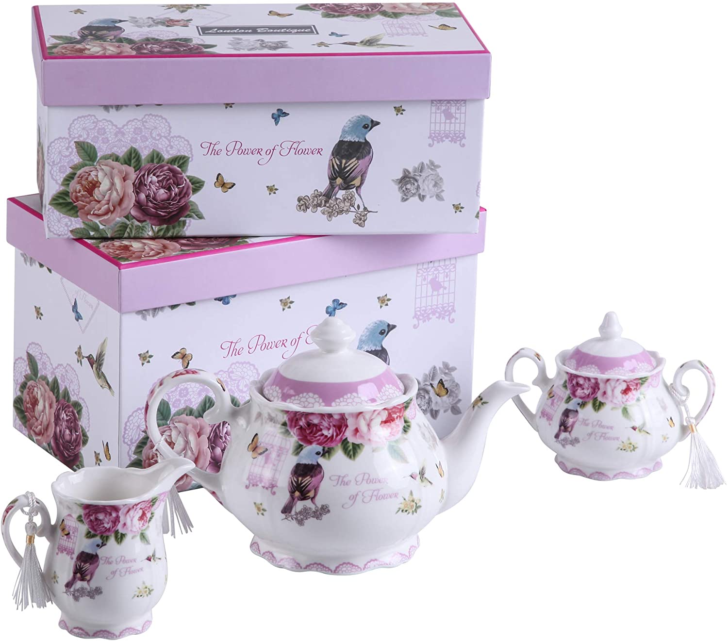Christmas New Year Family Party Set Special 3 Tier Cake Stand Teapot Milk Jug 4 Cups 4 Saucers (Bird Rose)