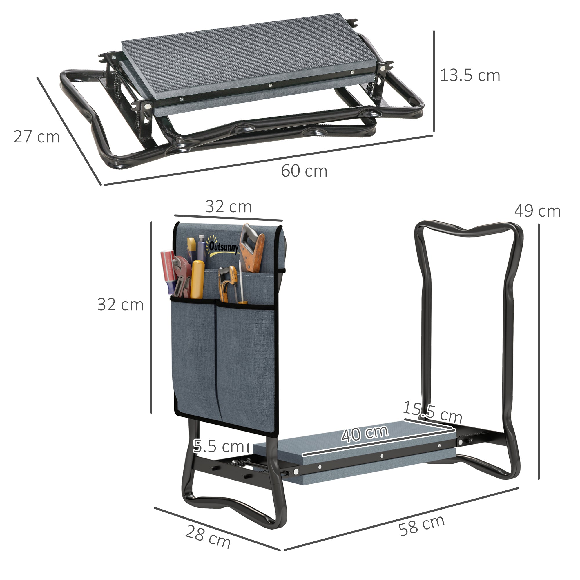 Outsunny Garden Kneeler Foldable Seat Bench EVA Foam Pad with Tool Bag Pouch