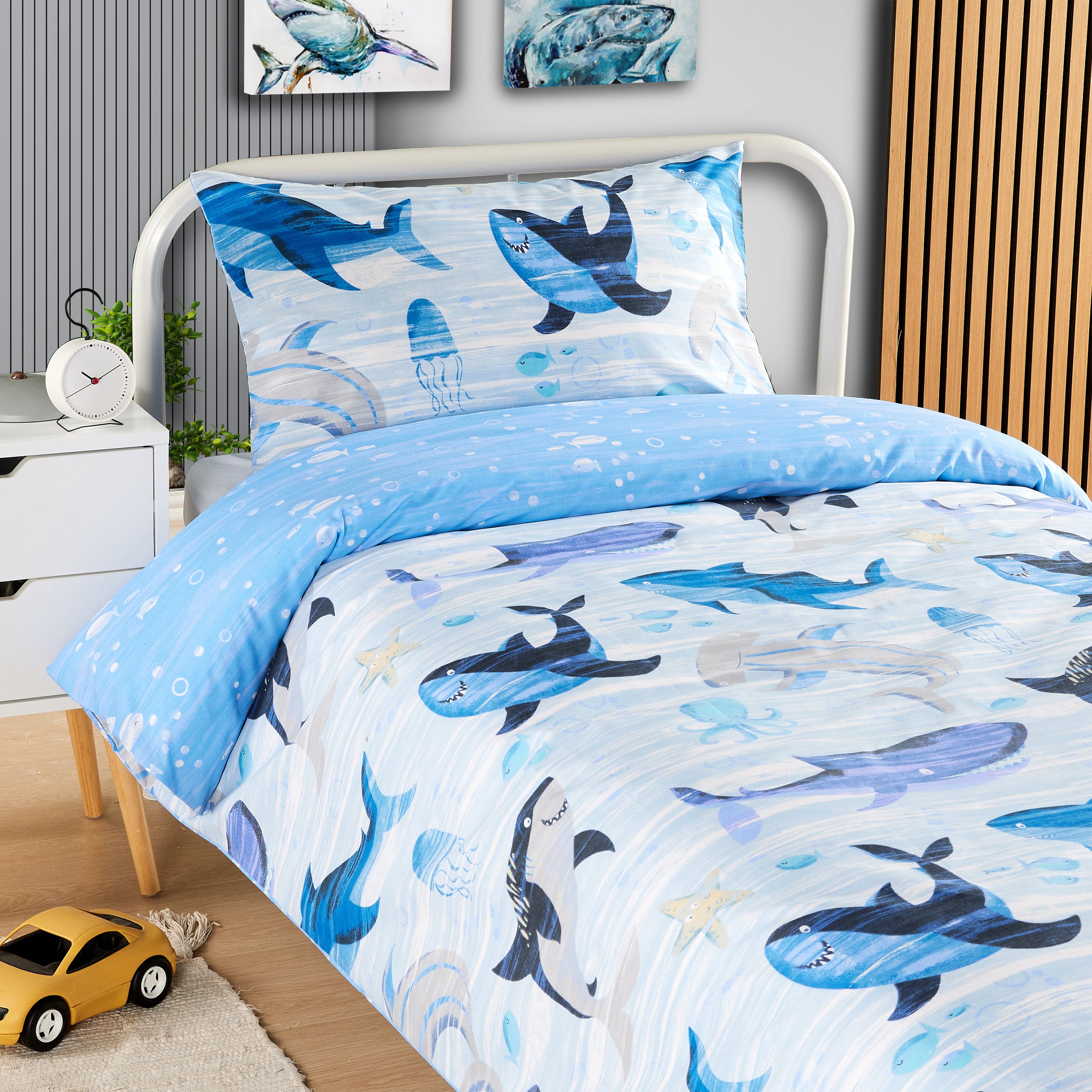 OLIVIA ROCCO Duvet Cover Set For Kids For Boys And Girls Sharks And Whales Reversible Soft Cotton Marine Life Bedding With Curtains
