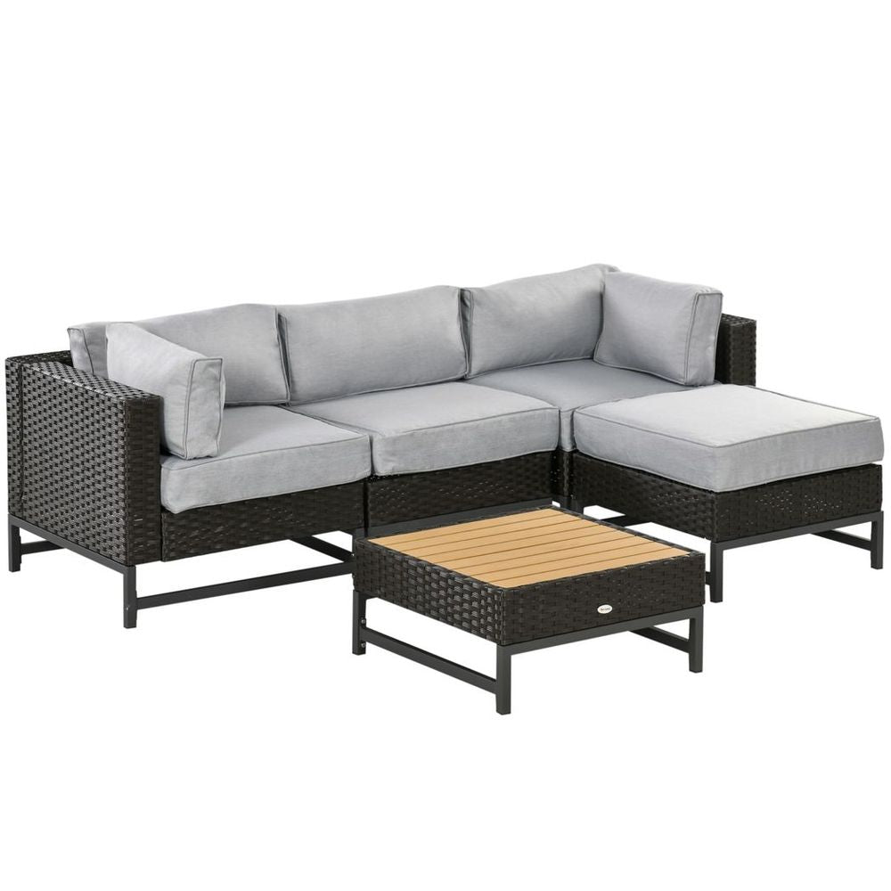 5 PC Rattan Corner Sofa Set - Wood Grain Plastic Top Table - Comfortable Cushions - High-Quality