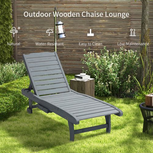 Outsunny Wooden Sun Lounger Outdoor Patio Sun Bed w/ Pull-out Table Grey