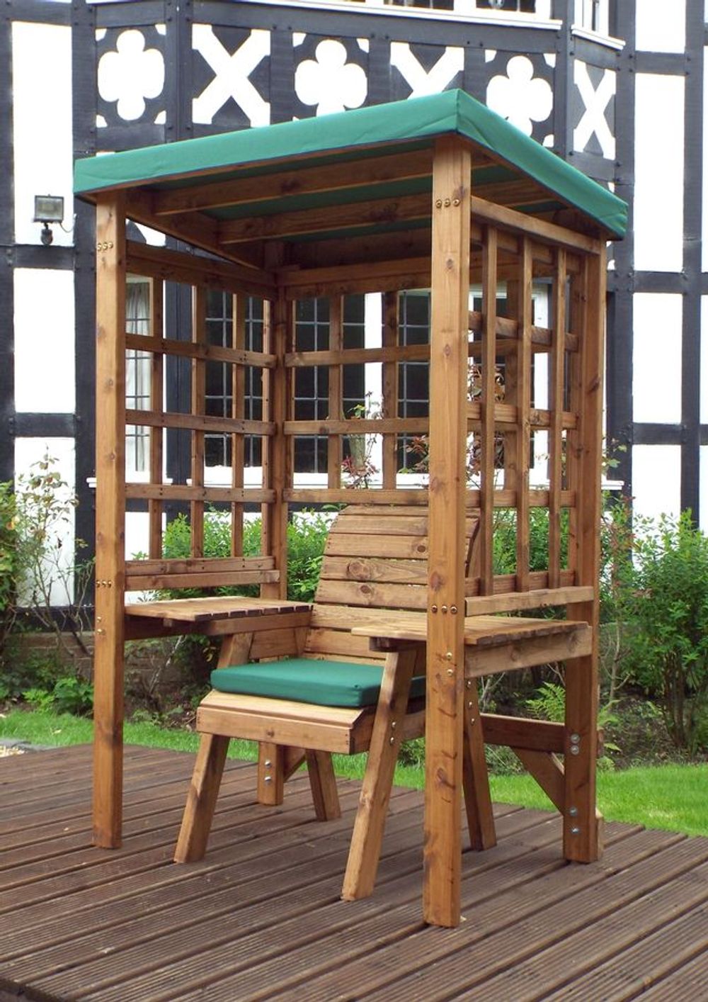 Premium Wentworth Single Arbour - Green, FSC Wood, Roof Cover, Side Tables - Made in Britain (80 characters)