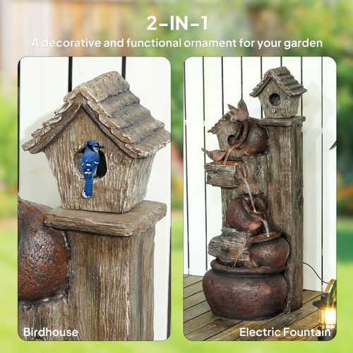 Outsunny 2-in-1 Waterfall Fountain with Birdhouse, Resin Outdoor Fountain