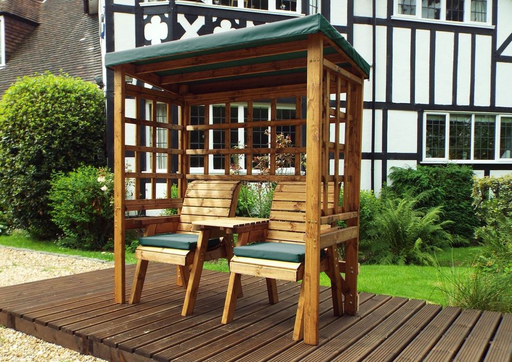Henley Twin Seat Arbour Green - High Quality, Hand-finished Wood - Waterproof roof - Made in Britain - 10 Year Guarantee