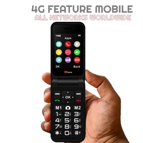 TTfone Black TT760 Flip 4G Mobile with Dock Charger, O2 SIM