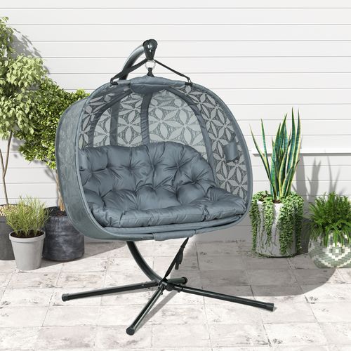 Outsunny Double Hanging Swing Chair w/ Stand & Cup Holders, Charcoal Grey