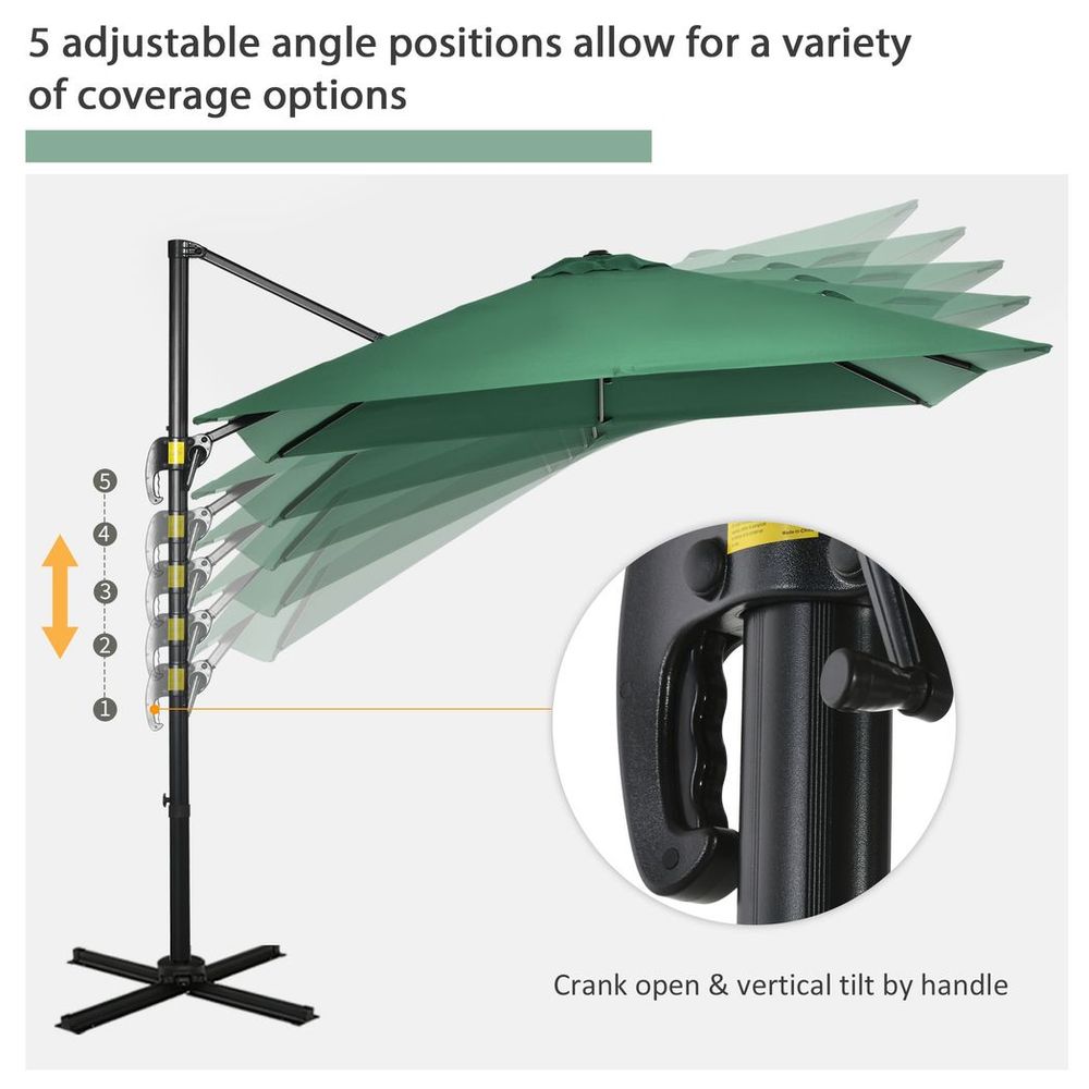 Outsunny Square Cantilever Roma Parasol 360� Rotation w/ Hand Crank, Green