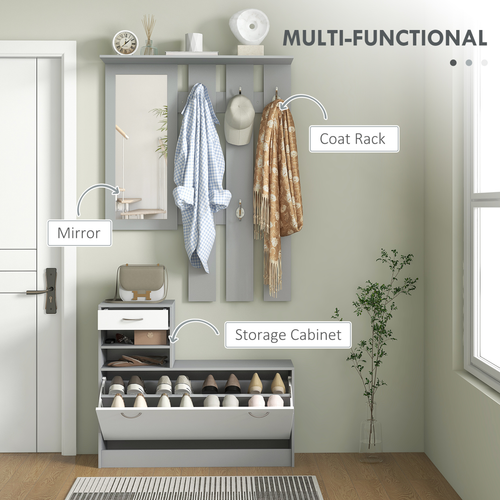 HOMCOM Hallway Furniture Set with Shoe Cabinet, Coat Rack and Mirror, Grey