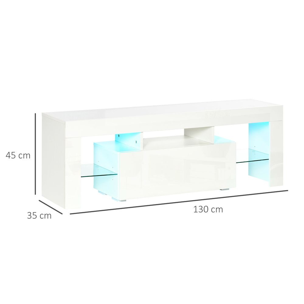 HOMCOM High Gloss TV Stand Cabinet with LED RGB Lights and Remote Control for 43"/50"/55" TV, Media TV Console Table with Storage Compartment, White
