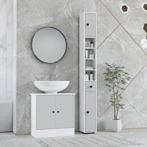 kleankin Slim Bathroom Cabinet, Toilet Roll Storage w/ Shelves, Light Grey