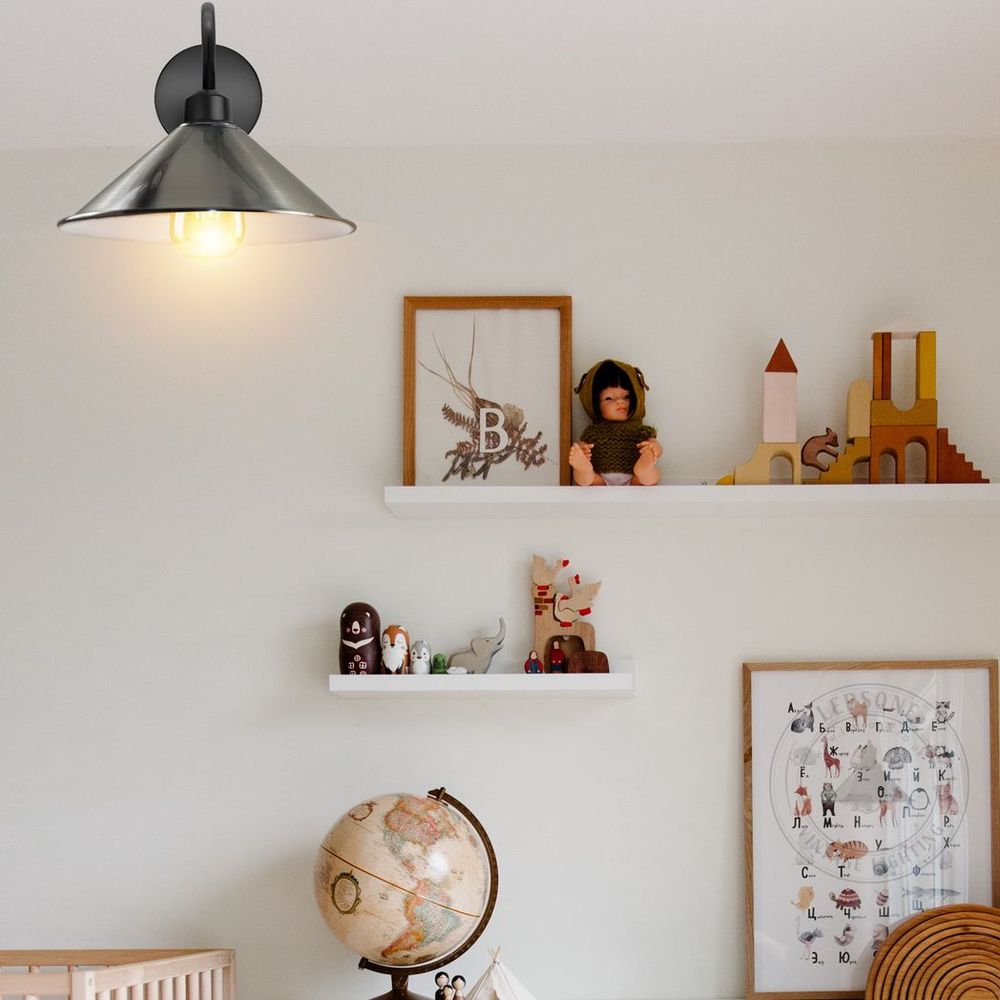Elegant Satin Nickel Wall Light Fixture with Black Wall Sconce - Vintage Style, E27 Base, Swan Neck Cone Shade