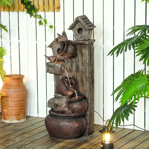 Outsunny 2-in-1 Waterfall Fountain with Birdhouse, Resin Outdoor Fountain