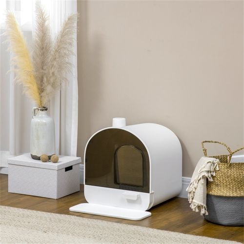 PawHut Cat Litter Box Kitten Litter Tray w/Hood, Scoop, Filter, Flap Door, 43 x 44 x 47cm - White