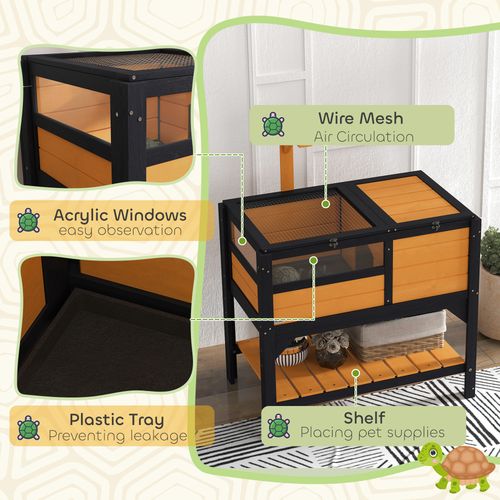 PawHut Wooden Tortoise House w/ Run, Shelter, Shelf, Lamp Holder, Yellow
