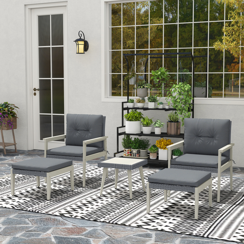 Outsunny 5 Pieces Rattan Patio set with Acacia Wood Top Coffee Table