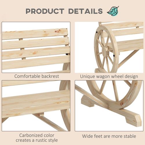 Outsunny 2 Seater Garden Bench w/ Wooden Cart Wagon Wheel Natural