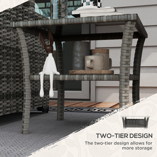 Outsunny PE Rattan Coffee Table, Two-tier Side Table with Glass Top, Grey