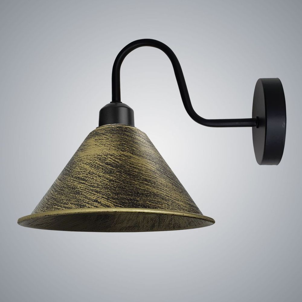 Brushed Brass Vintage Wall Light Fixture Black Wall Sconce E27 Base Socket Screw Wall Mounted Neck Cone Shape Shade