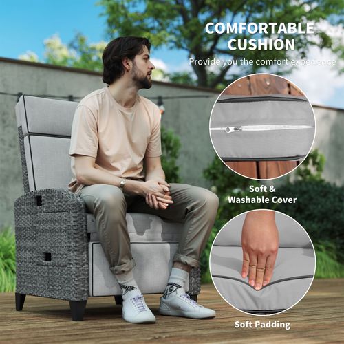 Outsunny Outdoor Recliner Chair w/ Cushion Rattan Reclining Lounge Chair, Grey