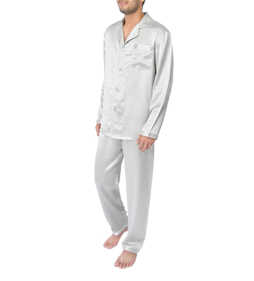 SILK PJS LONG SET MENS MEDIUM SILVER Pyjamas