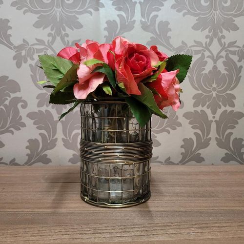 6" GLASS CANDLE HOLDER IN METAL FRAME