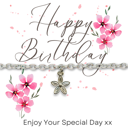 Happy Birthday Pink Flowers Gift Card & Dahlia Flower Chain Bracelet