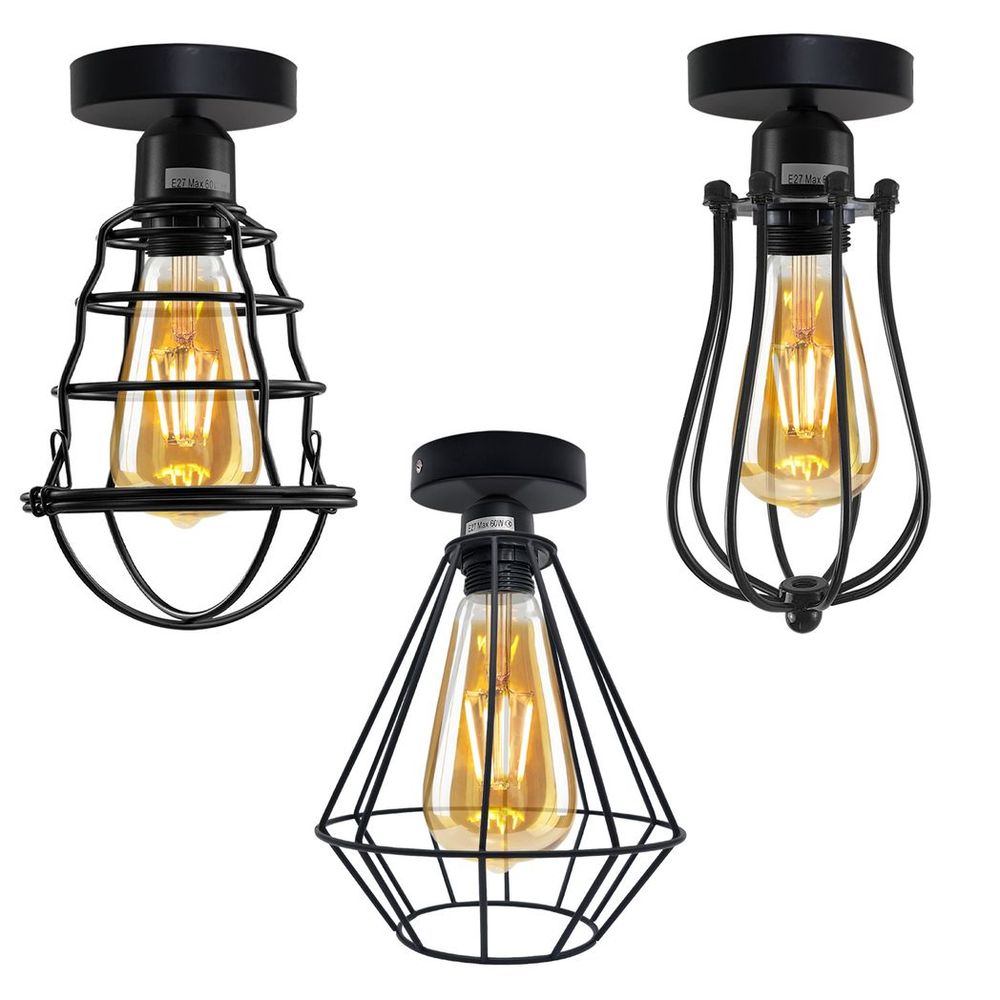 Vintage Industrial Geometric Diamond Light Fitting: E27 Holder, 60W Bulb, Metal Cage, Ceiling Mount