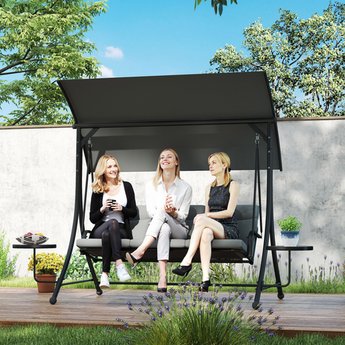 Outsunny 3 Seat Garden Swing Chair Steel w/ Adjustable Canopy and Coffee Tables