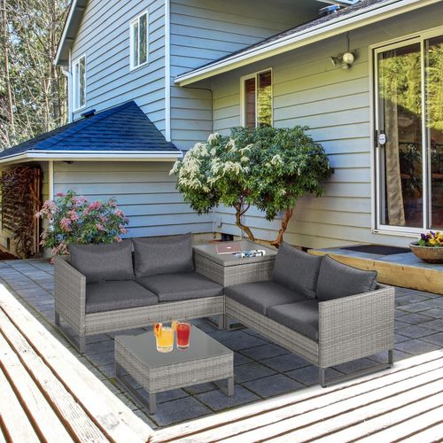 Outsunny 4 PCs Rattan Wicker Sofa Set Conservatory Furniture w/ Side Storage Box