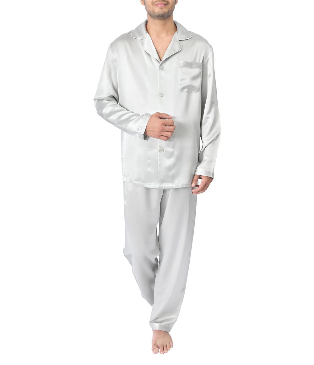 SILK PJS LONG SET MENS SMALL SILVER Pyjamas