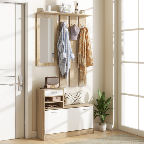 HOMCOM Hallway Furniture Set with Shoe Cabinet, Coat Rack and Mirror