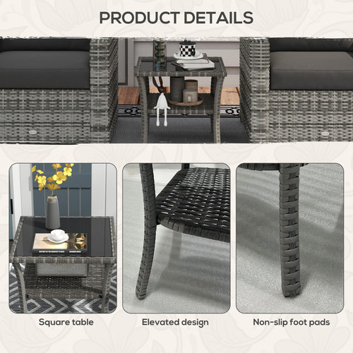 Outsunny PE Rattan Coffee Table, Two-tier Side Table with Glass Top, Grey